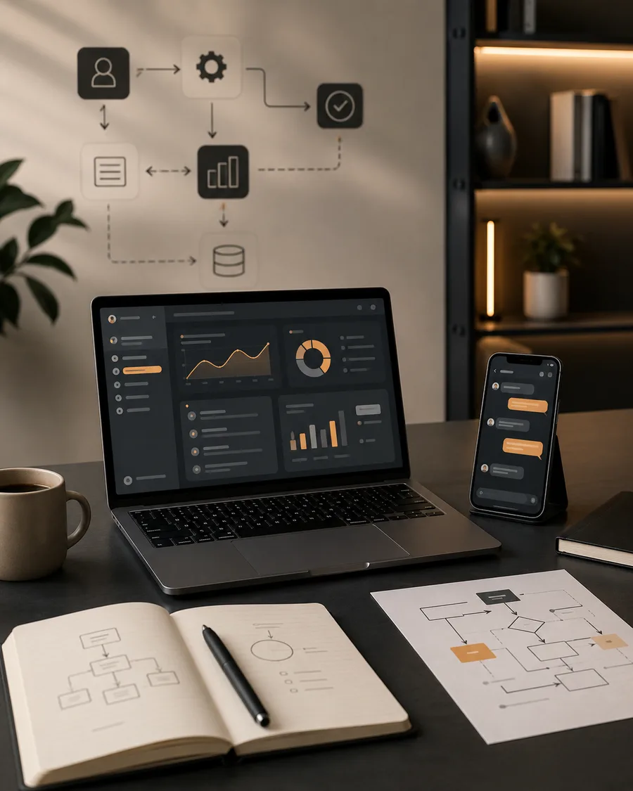 Flujo de automatización empresarial con dashboard, chat y CRM en un espacio de trabajo moderno